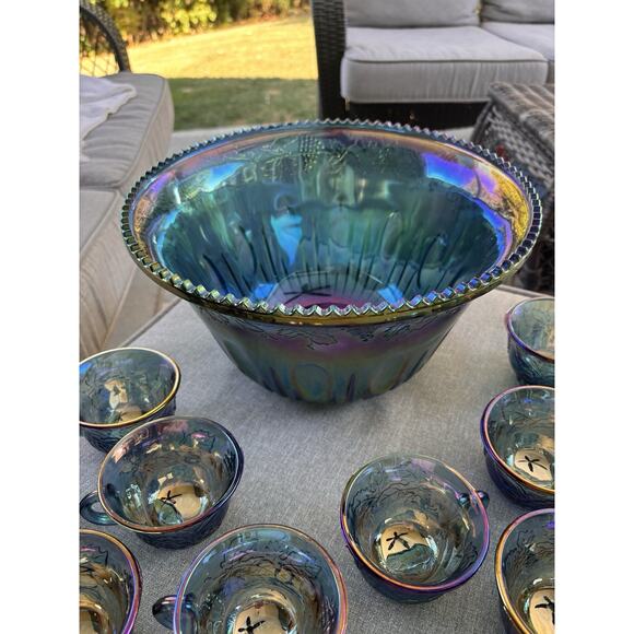 VINTAGE INDIANA GLASS IRIDESCENT BLUE HARVEST CARNIVAL GLASS PUNCH BOWL SET - Picture 4 of 11
